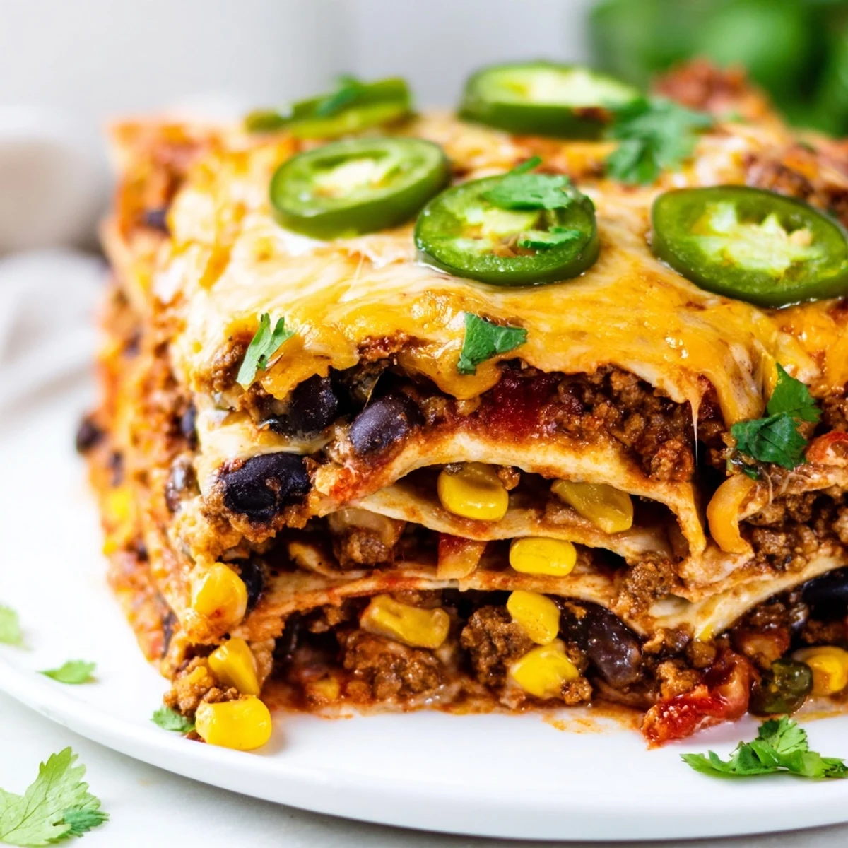 Warm Mexican lasagna fresh from the oven with gooey cheese and colorful toppings