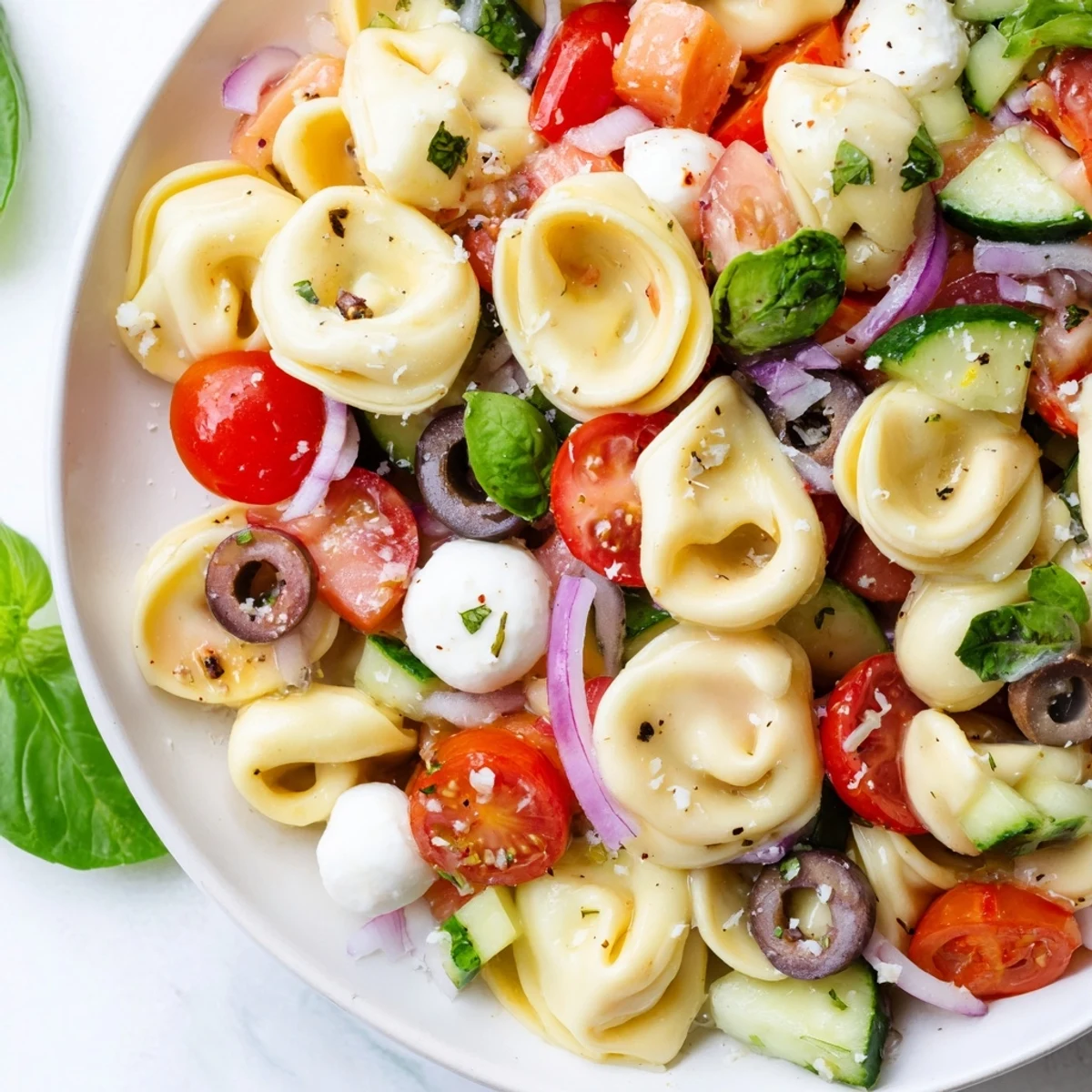 Colorful tortellini salad with cherry tomatoes, cucumber, and mozzarella in Italian dressing