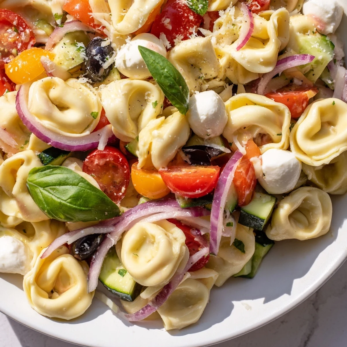 Creamy cheese tortellini salad tossed with crisp vegetables and herbs on white platter