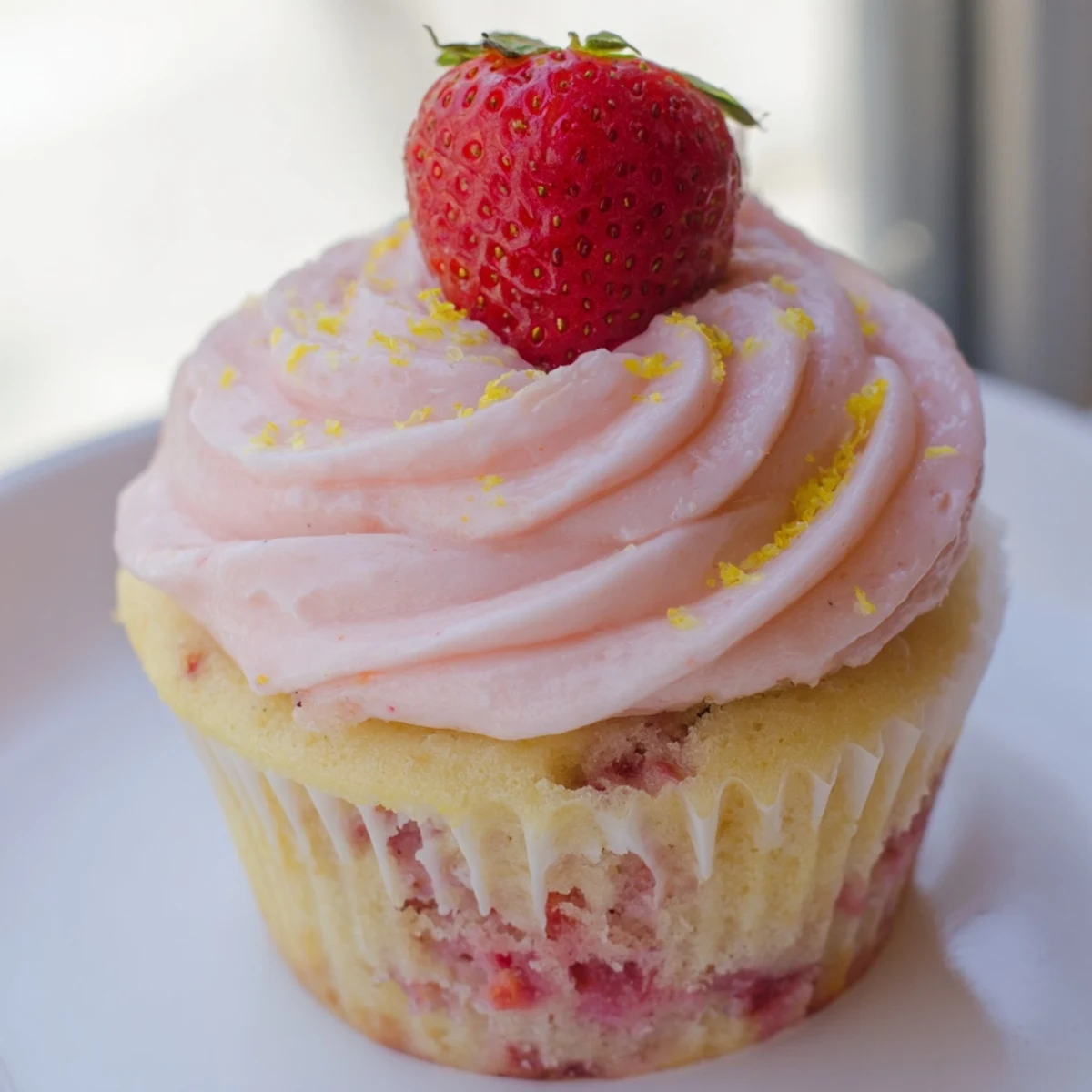 Pink frosted strawberry lemonade cupcakes topped with fresh berries on a rustic summer table
