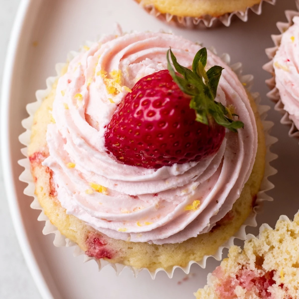 Golden strawberry lemonade cupcakes piled high with swirled pink buttercream and bright lemon zest