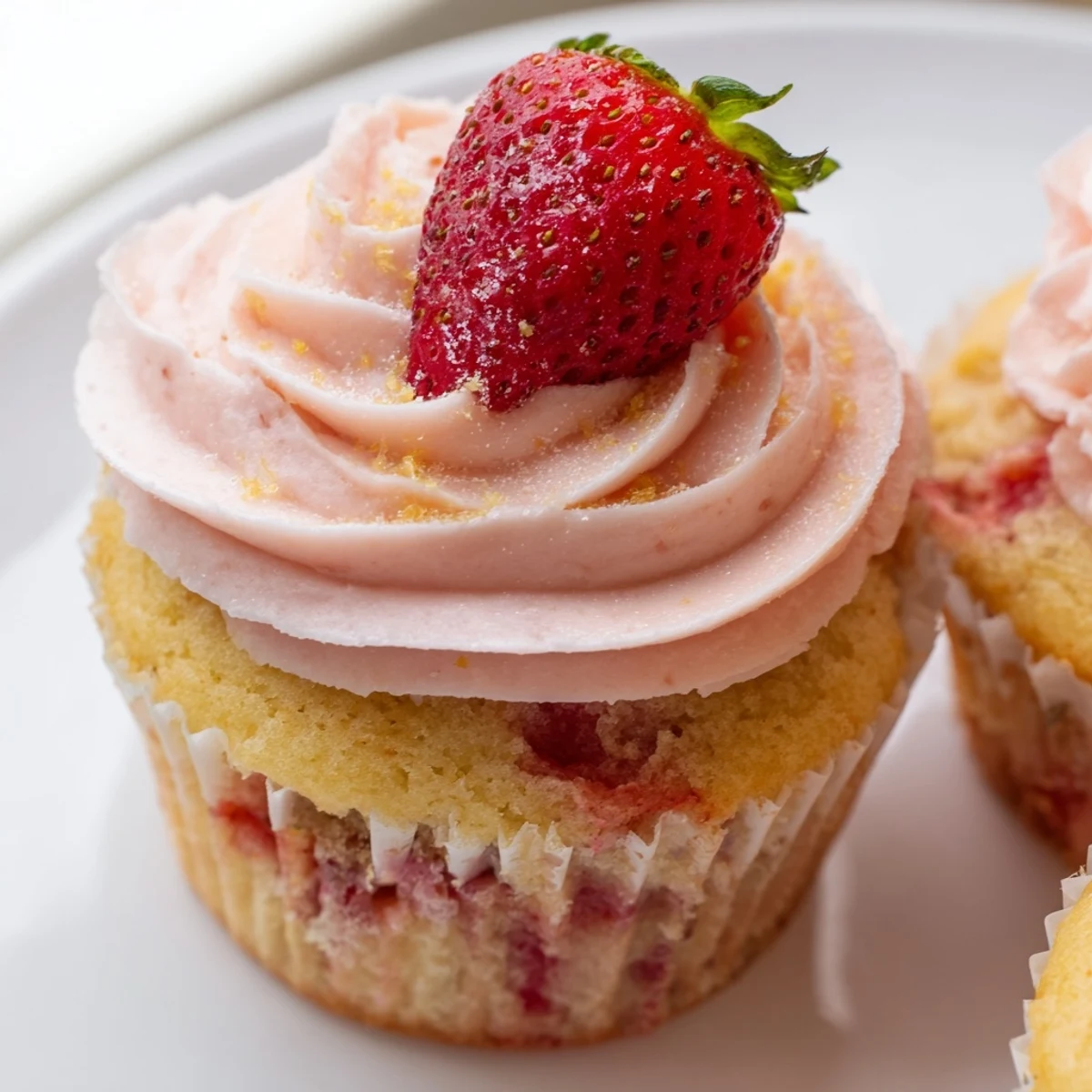 Moist strawberry lemonade cupcakes garnished with strawberry slices served on a cheerful dessert plate