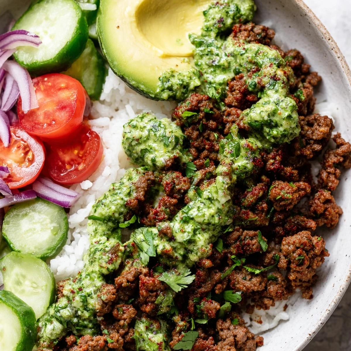 A steaming bowl of chimichurri ground beef with fluffy rice and bright avocado slices