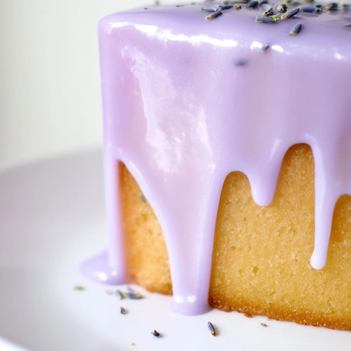 Smooth lavender glaze drizzled over a golden pound cake slice on a white plate