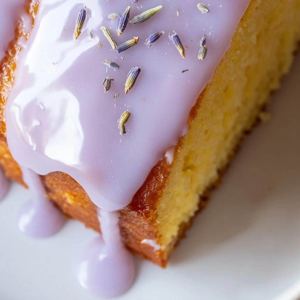 Thick lavender glaze cascading down a rustic bundt cake dusted with lavender buds