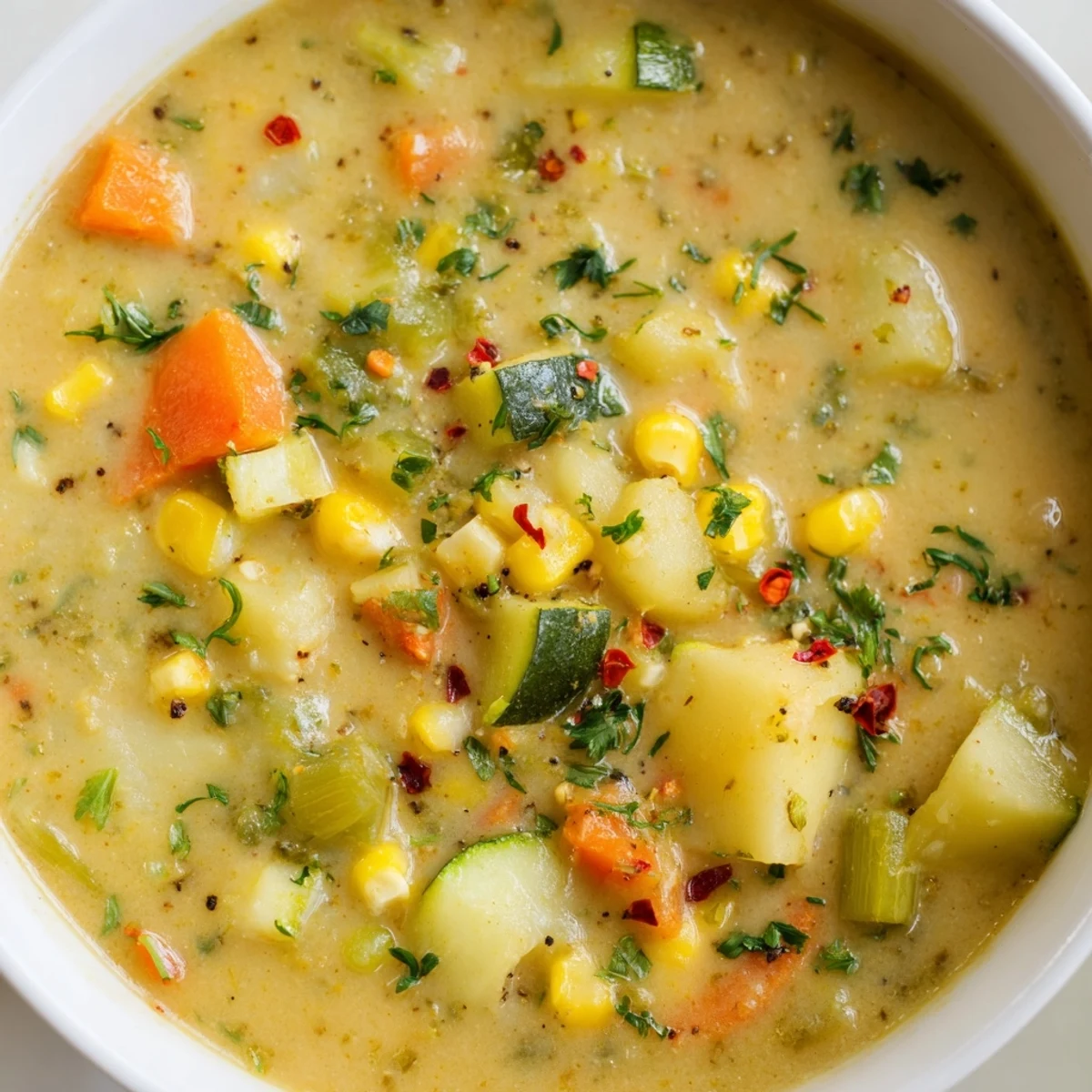 Golden spoonful of Hearty Potato Corn Zucchini Soup loaded with tender colorful vegetables