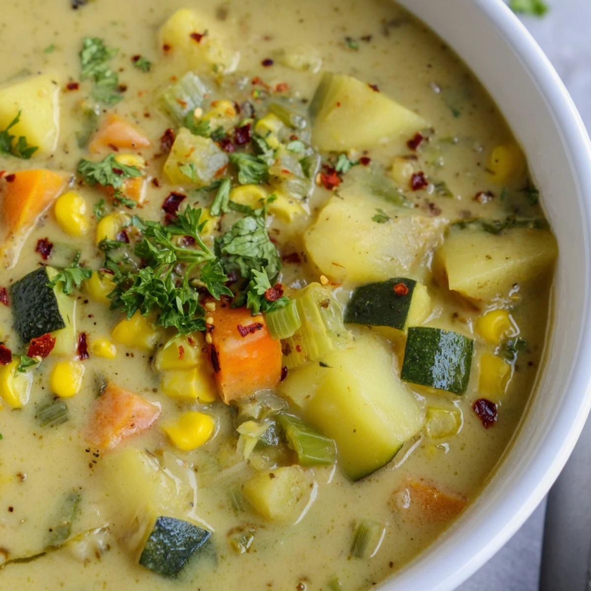Hearty Potato Corn Zucchini Soup served steaming in a rustic bowl with crusty bread