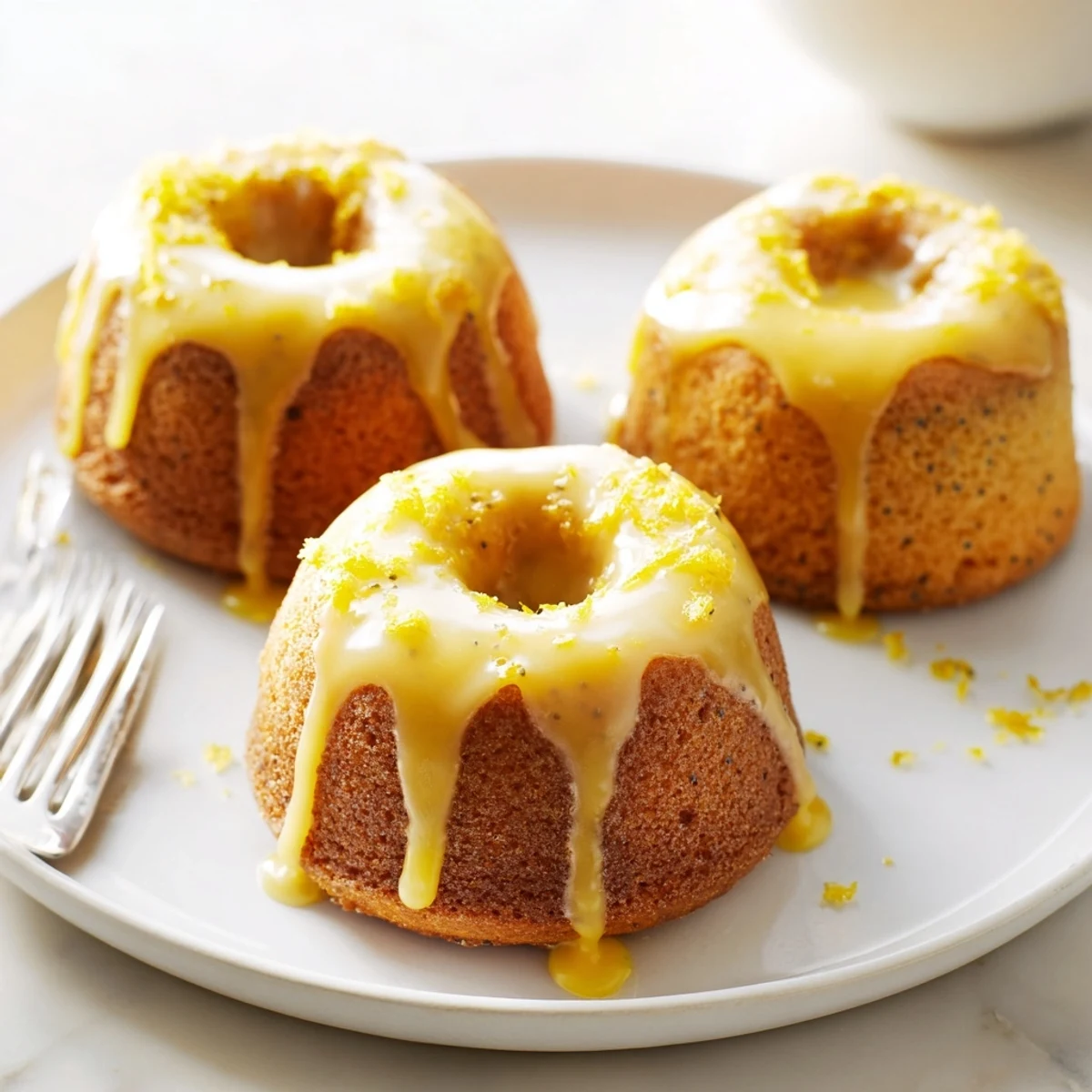 Golden mini lemon cakes drizzled with tangy glaze on a white serving plate