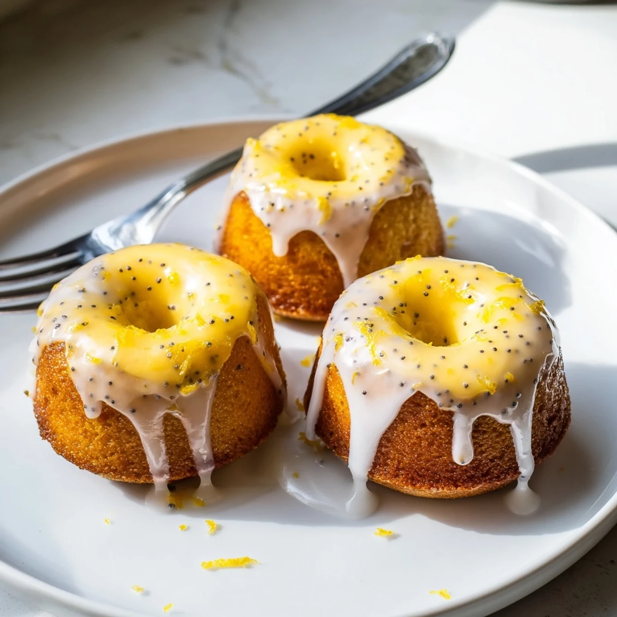 Moist mini lemon cakes with zesty frosting arranged on a rustic wire rack