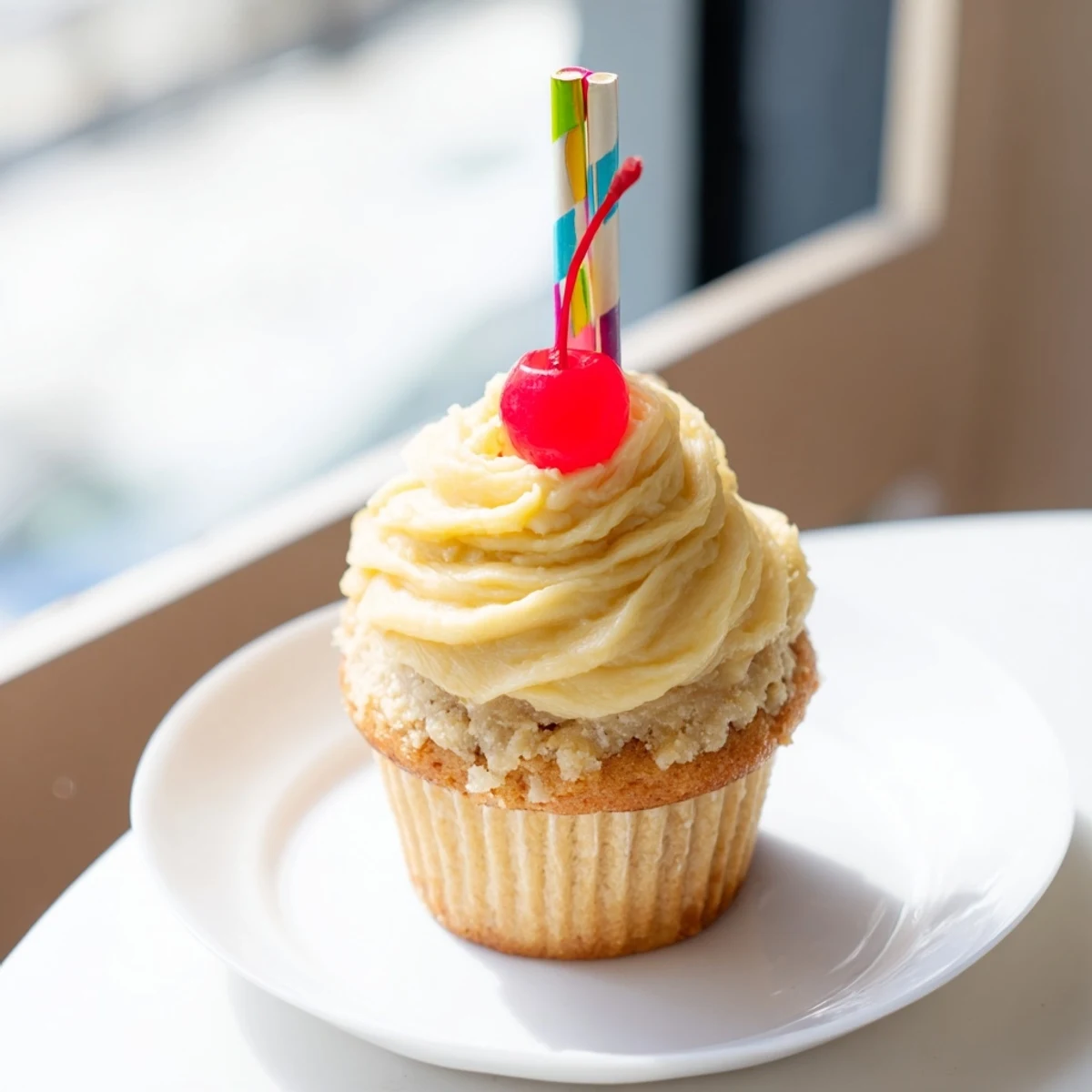 Moist banana milkshake cupcakes topped with creamy vanilla frosting and bright red maraschino cherries