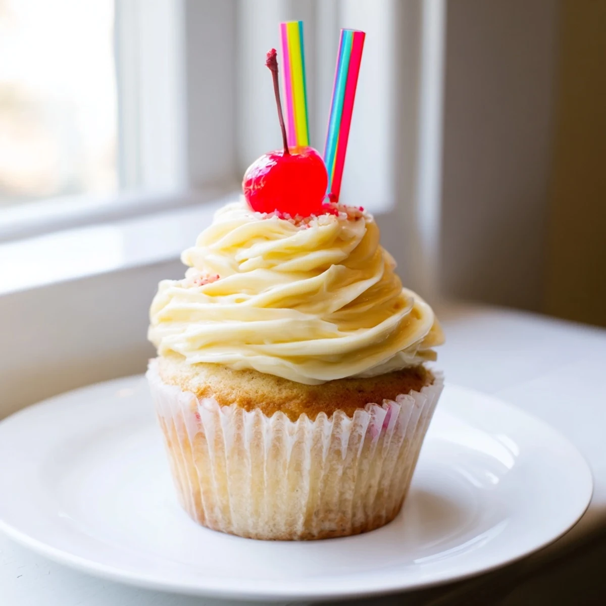 Golden banana milkshake cupcakes with fluffy buttercream swirls served on a rustic white ceramic plate