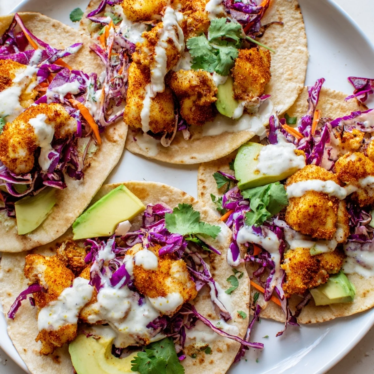 Crispy golden tilapia fish tacos topped with vibrant slaw and creamy zesty crema