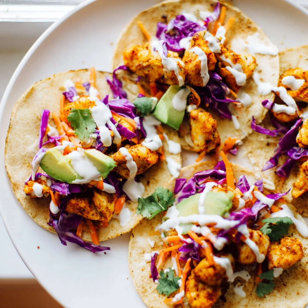 Warm tortillas loaded with spiced tilapia fish tacos and fresh avocado slices