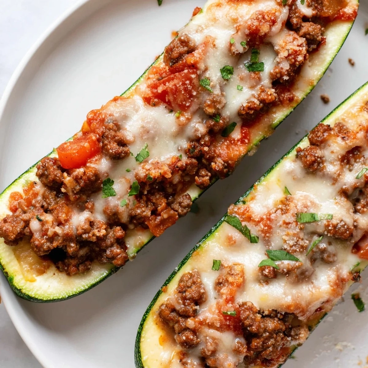 Stuffed zucchini boats with ground beef topped with bubbly melted mozzarella