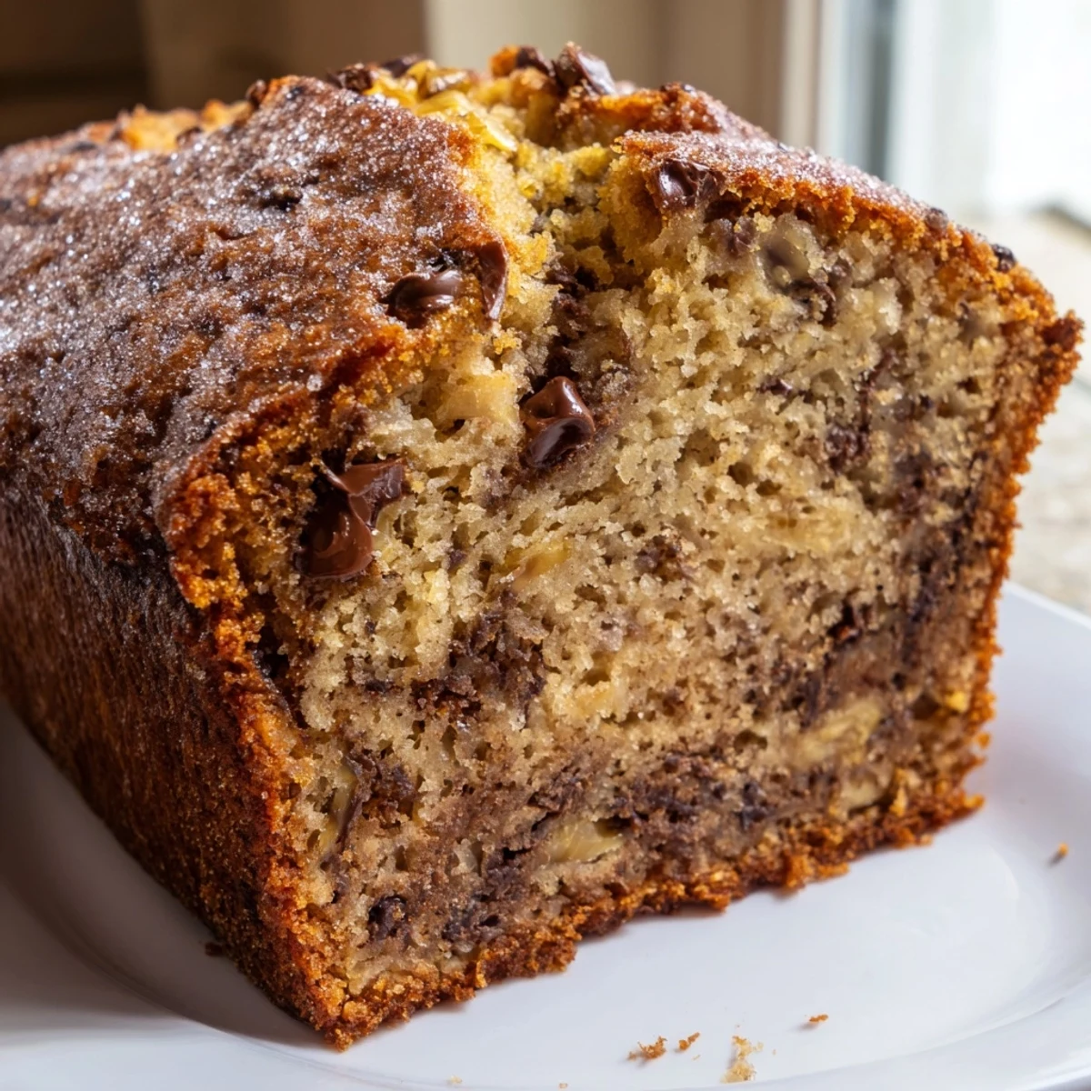 Super moist banana bread fresh from the oven with a crisp sugary top