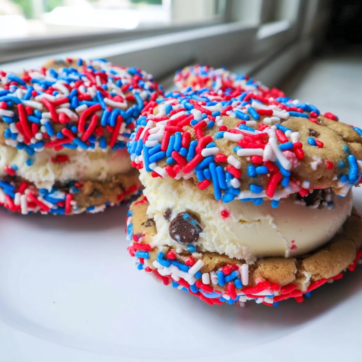 Festive Patriotic Mini Ice Cream Sandwiches coated in red, white, and blue sprinkles on a summer tray