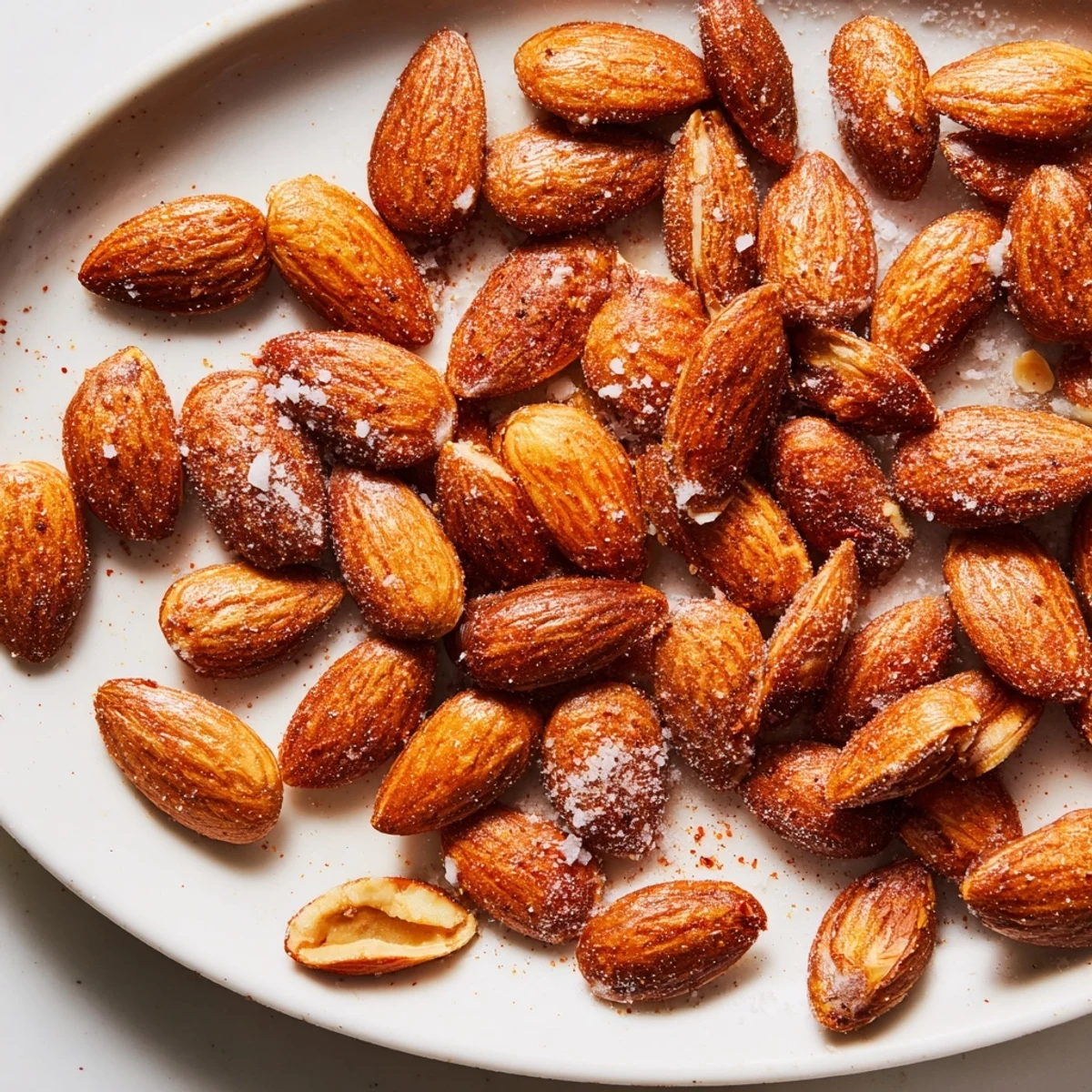 Crunchy roasted almonds scattered across parchment, lightly browned and coated with spices.