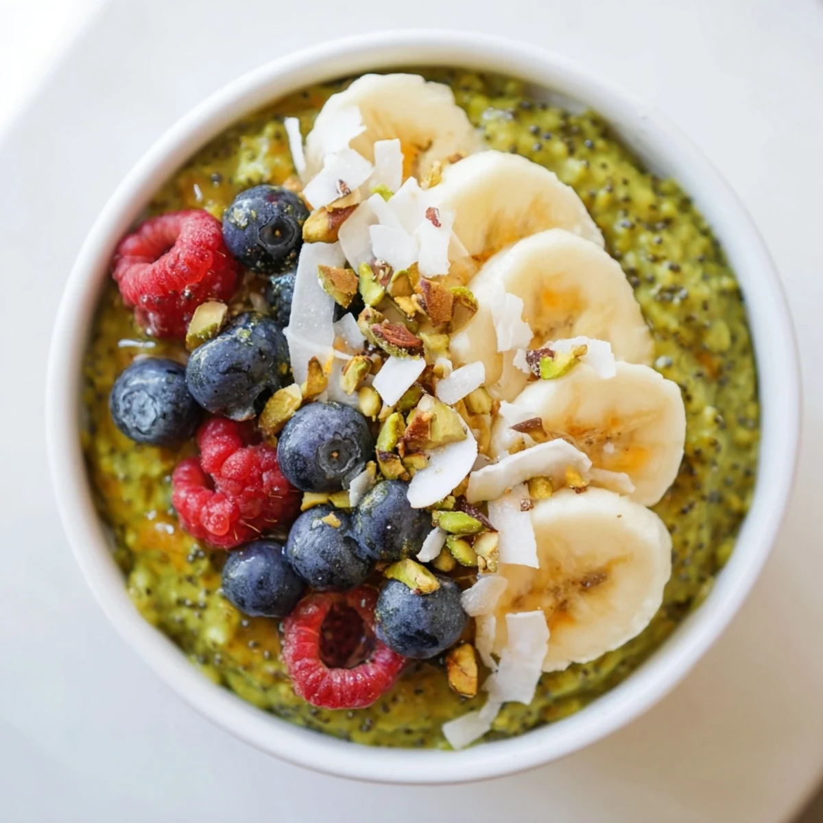 Creamy matcha overnight oats topped with fresh berries and sliced banana