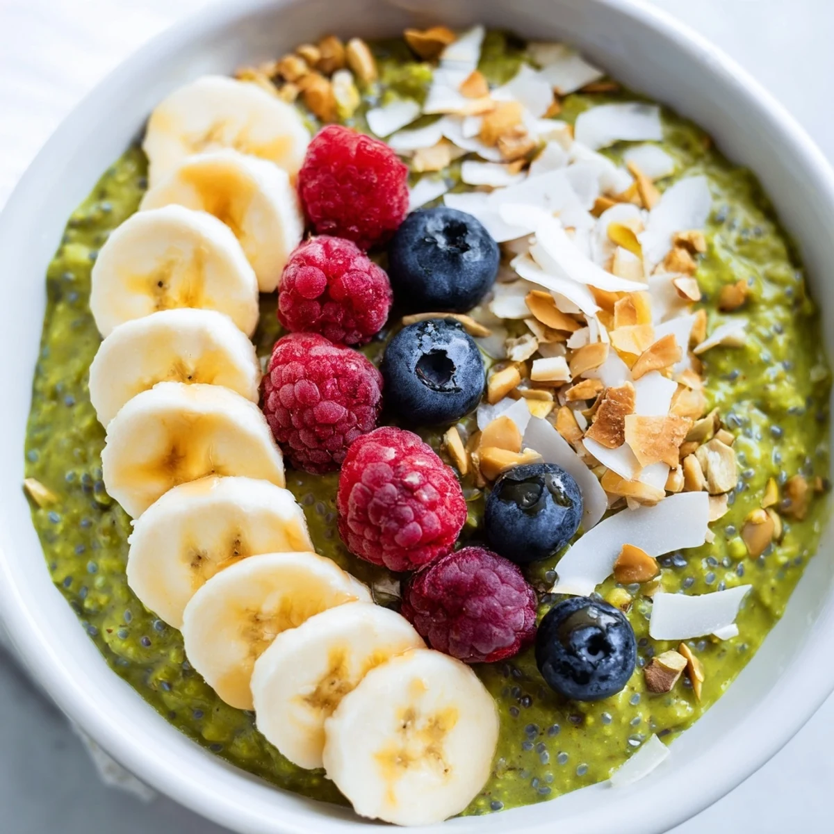 Vibrant green matcha overnight oats in a jar with coconut flakes and chopped pistachios