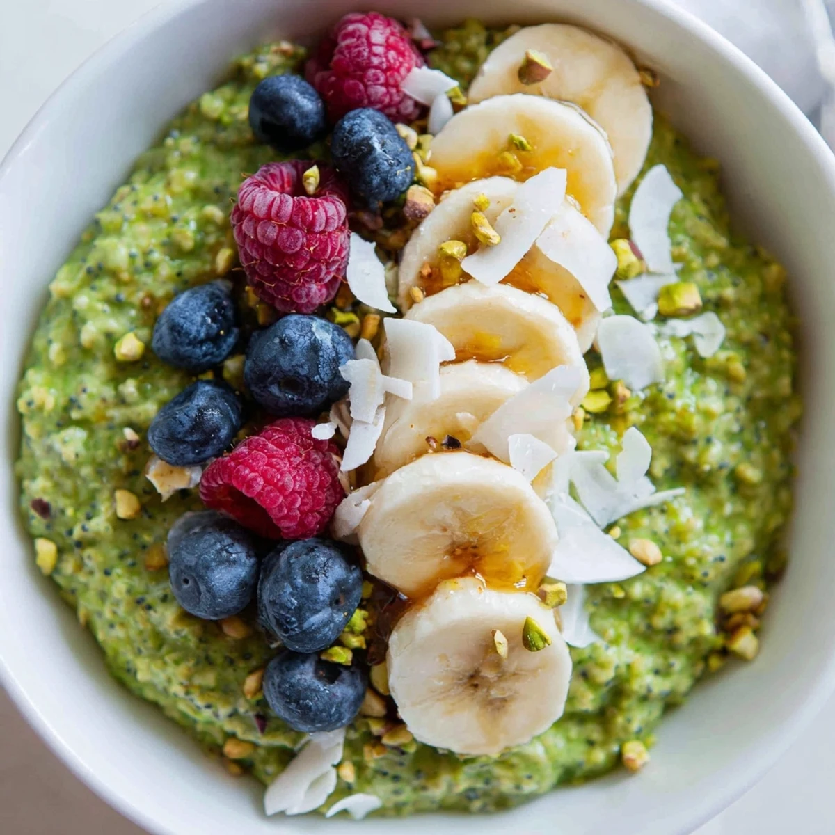 Smooth matcha overnight oats served chilled with a drizzle of honey and crunchy almonds