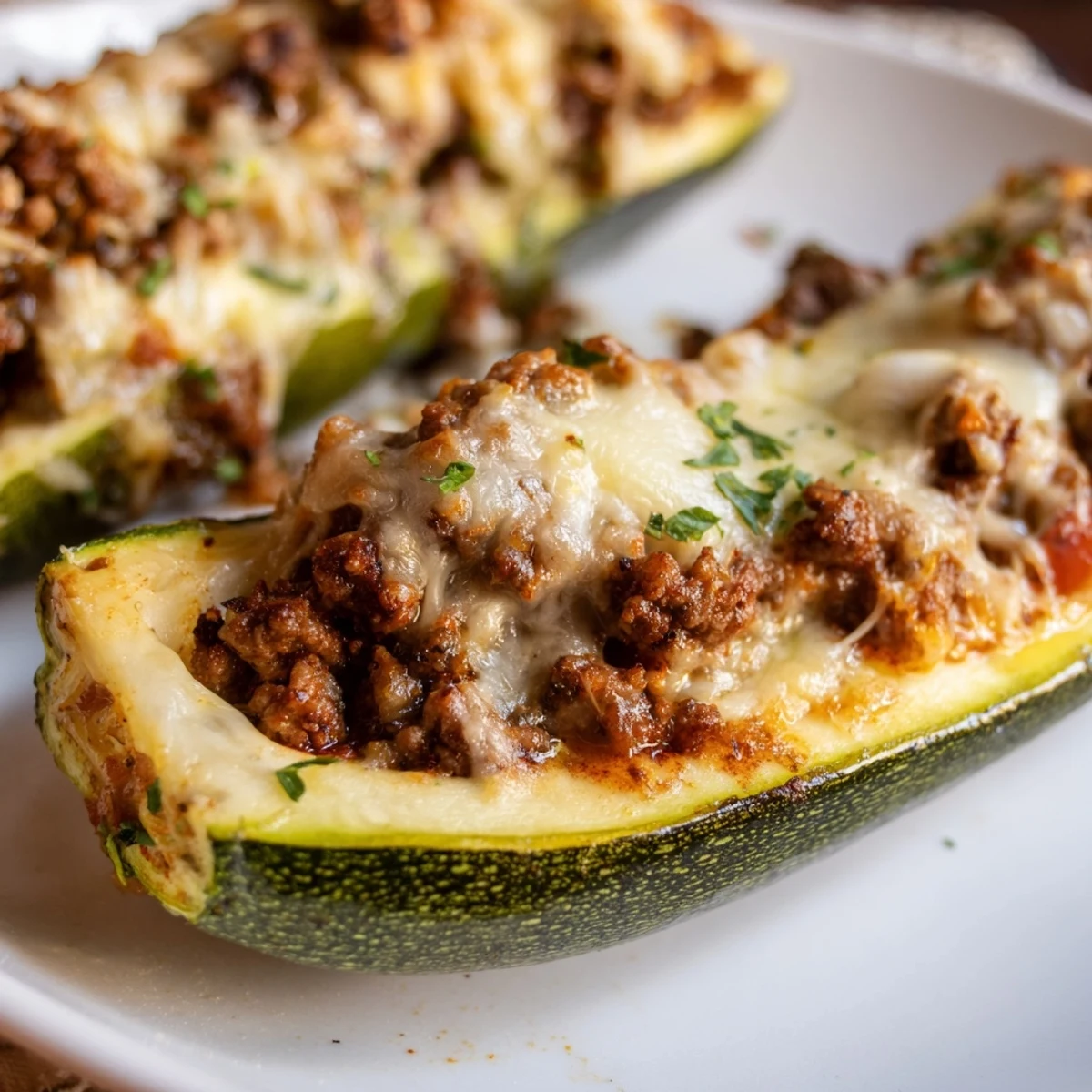 Golden baked stuffed zucchini boats with ground beef and melted mozzarella
