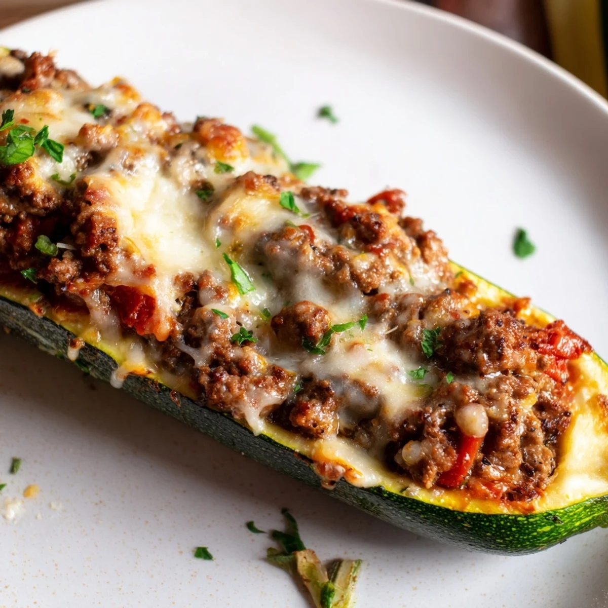 Tender zucchini halves filled with savory ground beef topped with bubbly cheese