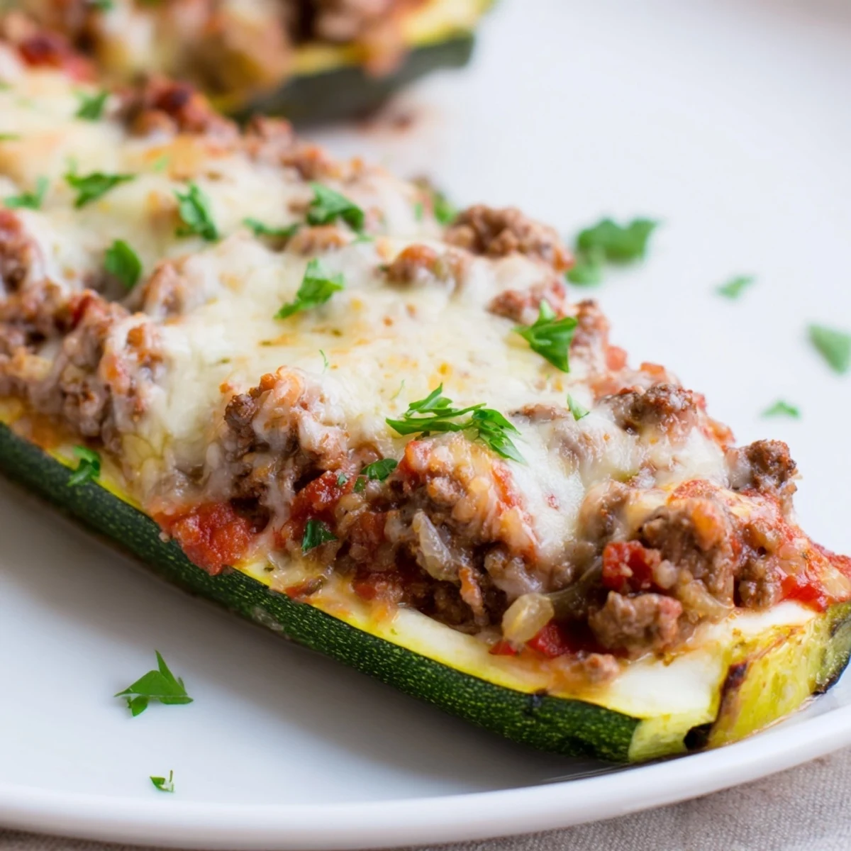 Stuffed zucchini boats with ground beef garnished with fresh parsley on a dish