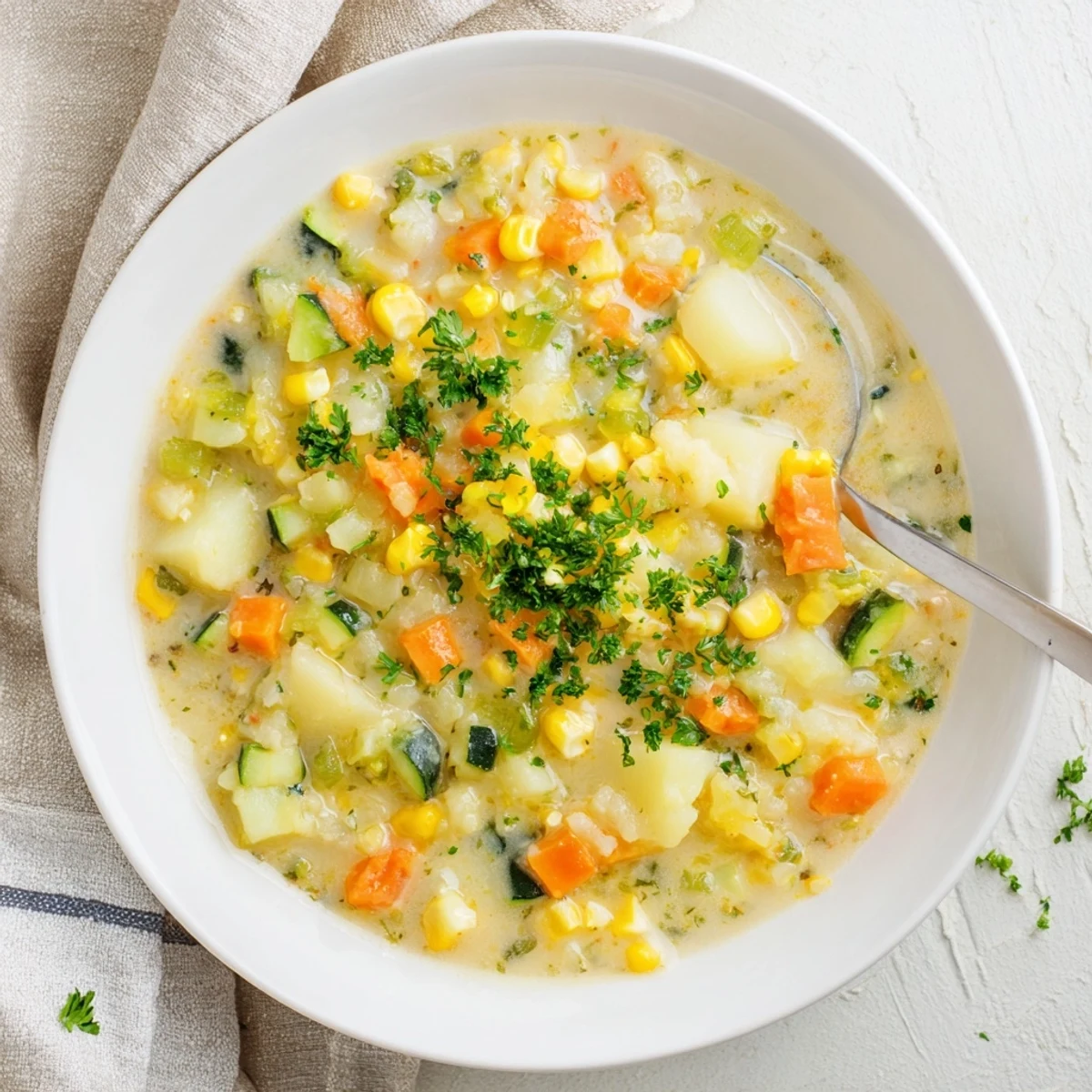 Steaming bowl of hearty potato corn zucchini soup garnished with fresh parsley.