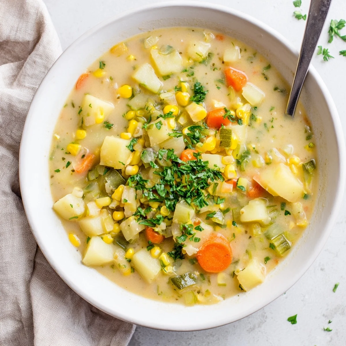 Hearty potato corn zucchini soup ladled hot with diced veggies and herbs.
