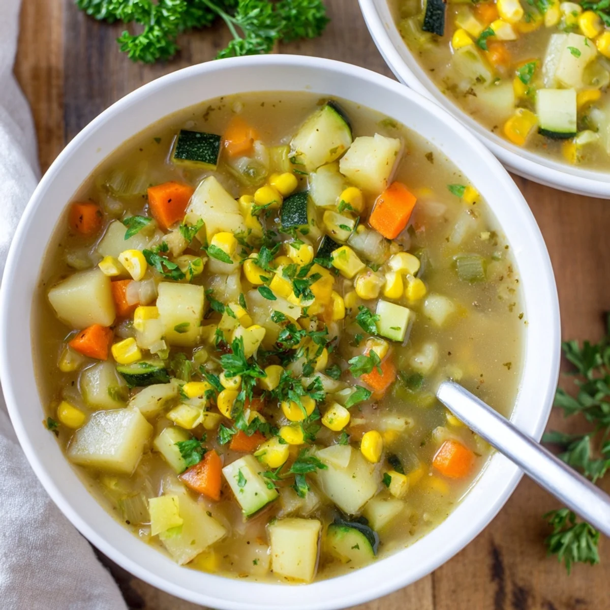 Golden corn and tender diced potatoes in a creamy vegetarian soup bowl.