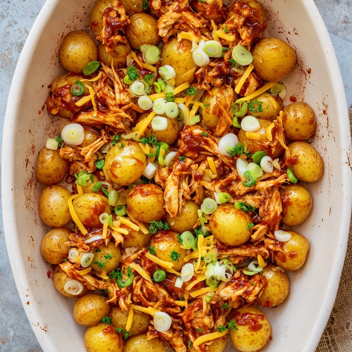 Golden roasted potatoes loaded with honey BBQ chicken and bubbling melted cheddar cheese