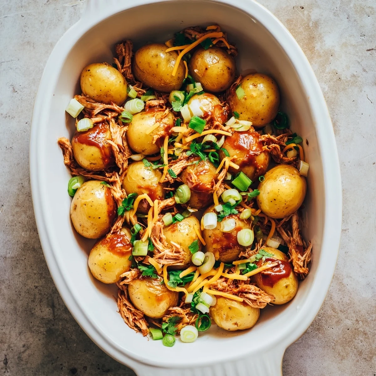 Honey BBQ chicken over crispy baby potatoes garnished with green onions and parsley