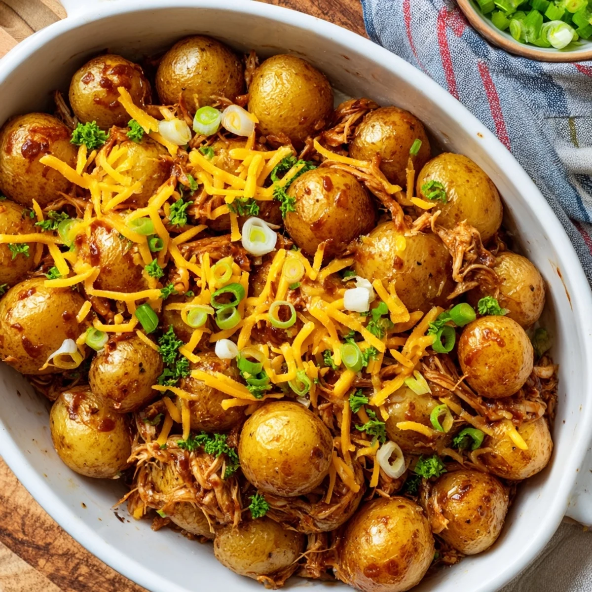 Succulent honey BBQ chicken and cheese-topped roasted potatoes served hot from the oven