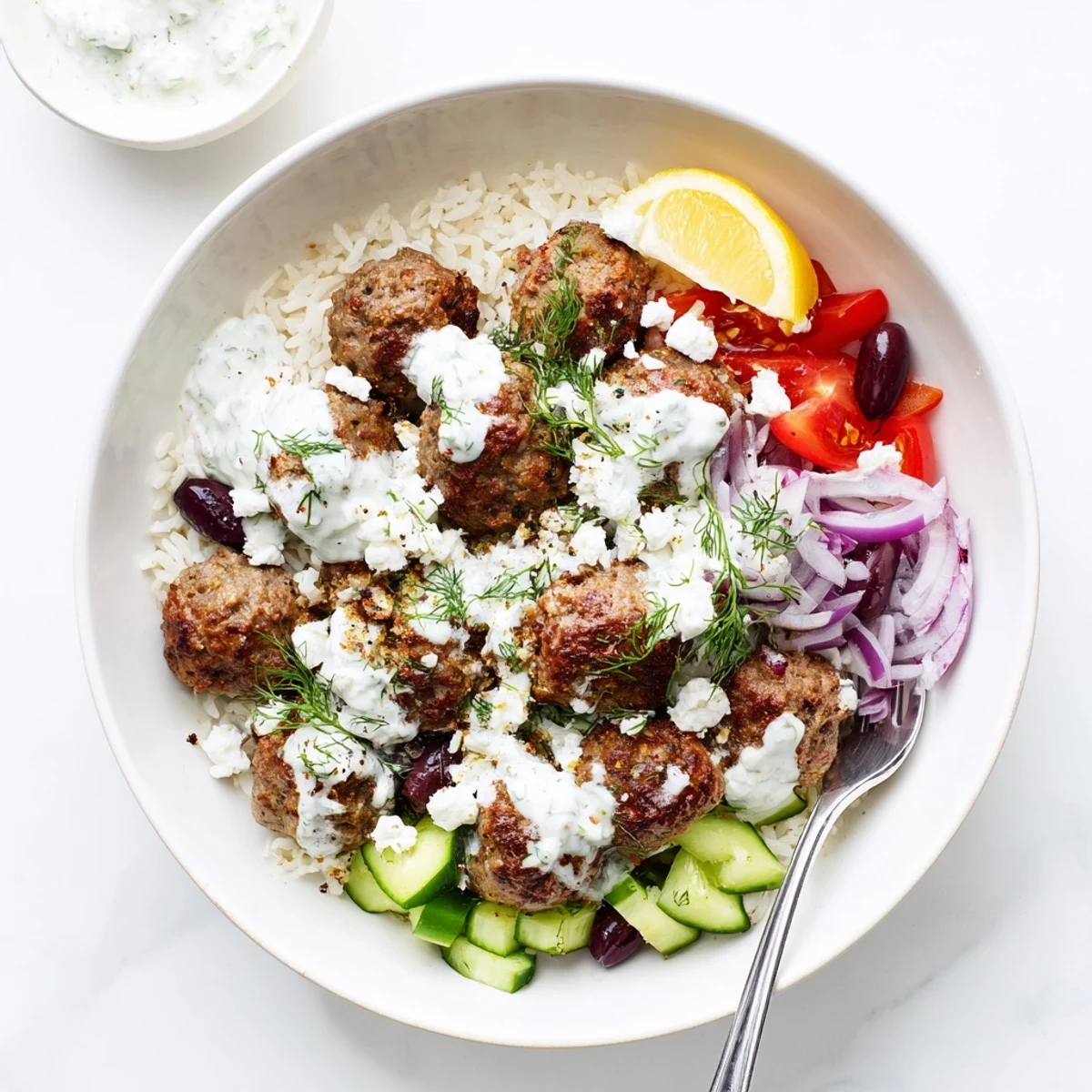 Juicy Greek meatball bowl topped with crumbled feta and cool tzatziki sauce