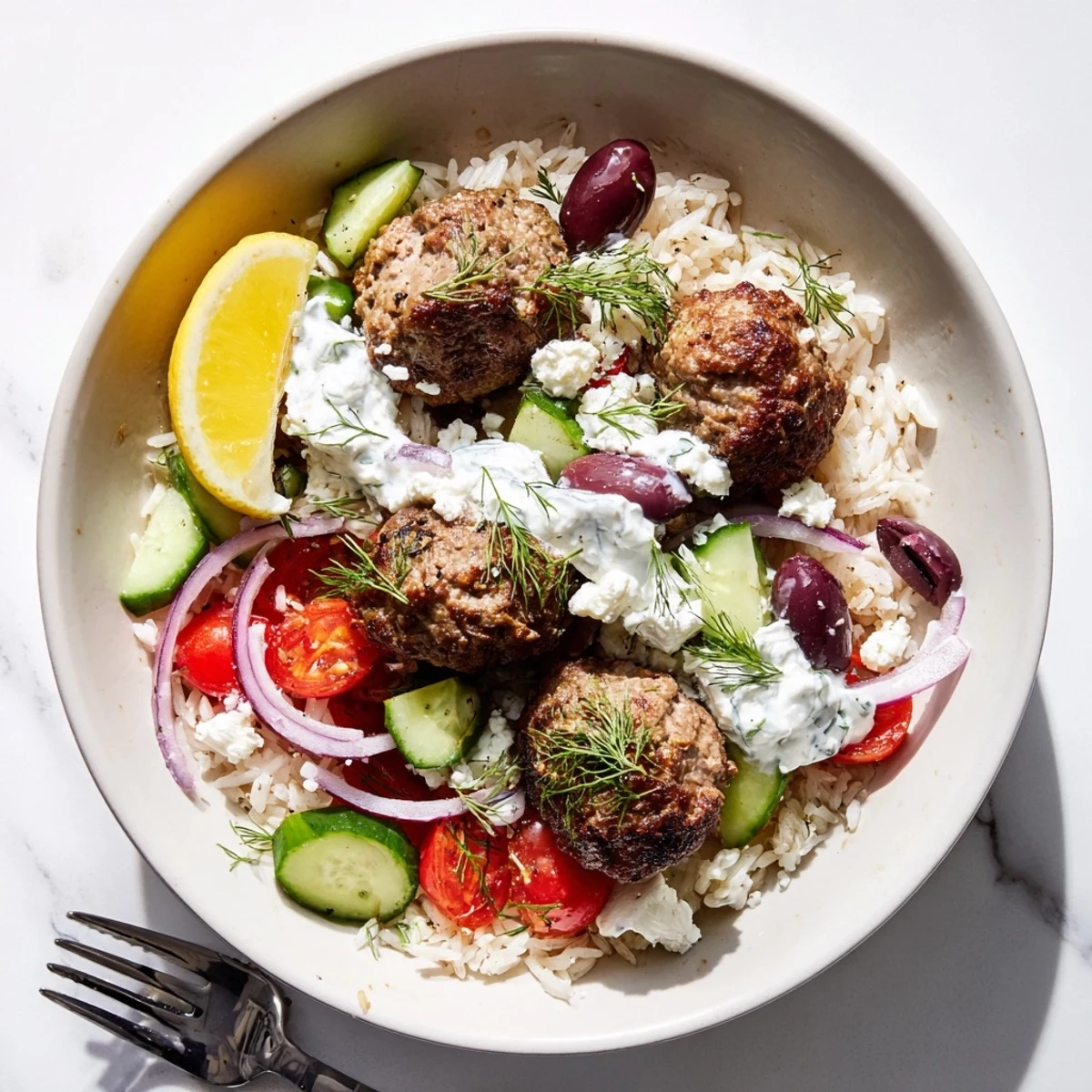 Golden brown Greek meatball bowl served over rice with cherry tomatoes and olives