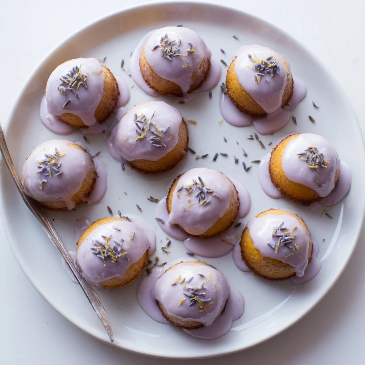 Golden mini lemon cakes drizzled with purple lavender glaze on a cake stand