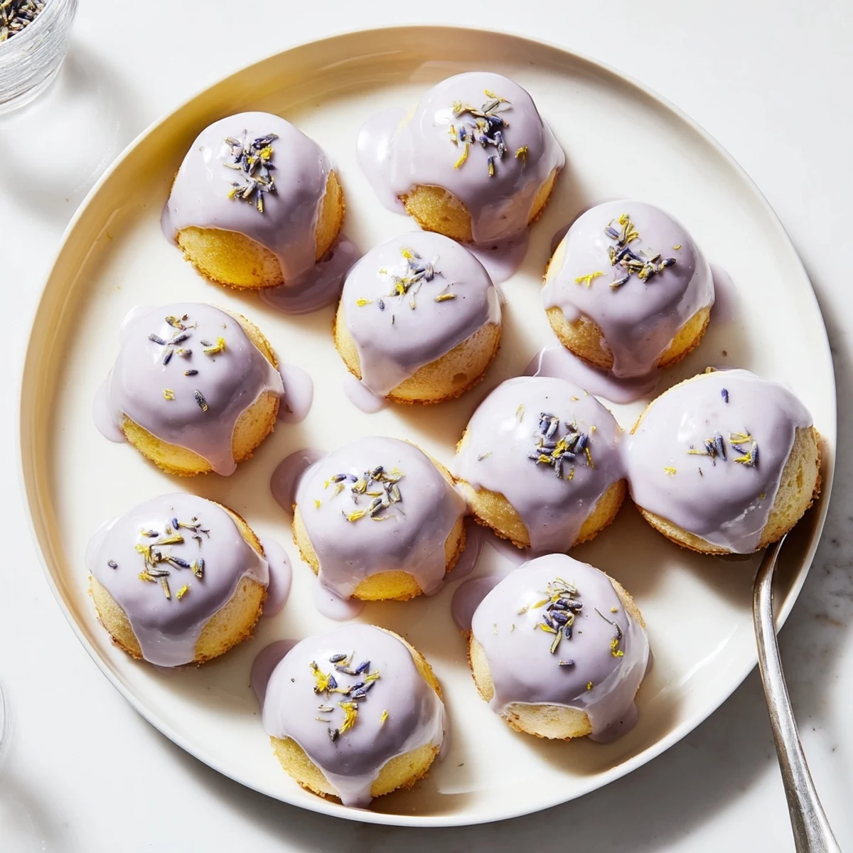 Tender mini lemon cakes with aromatic lavender glaze served beside a cup of tea