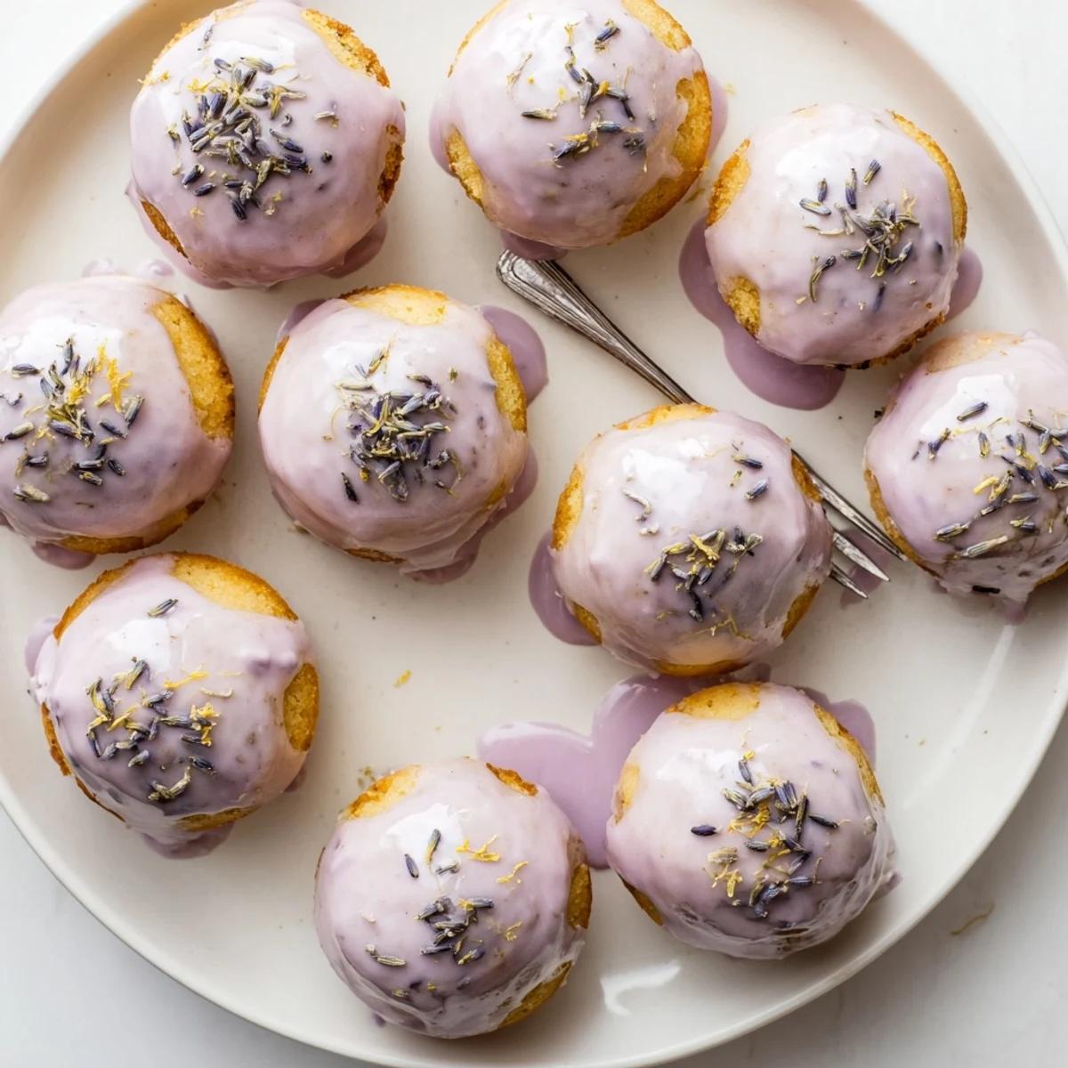 Warm mini lemon cakes topped with a smooth lavender glaze and lemon zest garnish