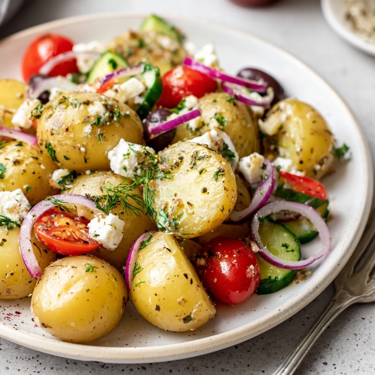 Olive Greek Potato Salad with creamy potatoes, briny olives, bright lemon dressing