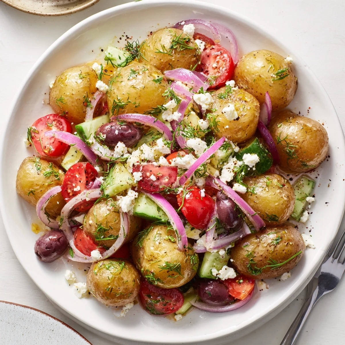 Chilled Olive Greek Potato Salad garnished with crumbled feta, fresh dill