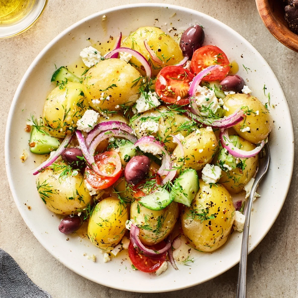 Picnic-ready Olive Greek Potato Salad tossed with crisp cucumbers and tomatoes