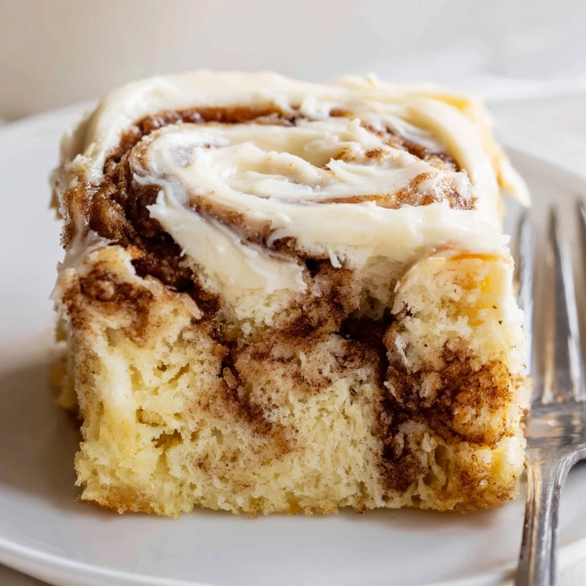 Warm Cinnamon Roll Poke Cake with drizzled cinnamon filling and spoon poked holes