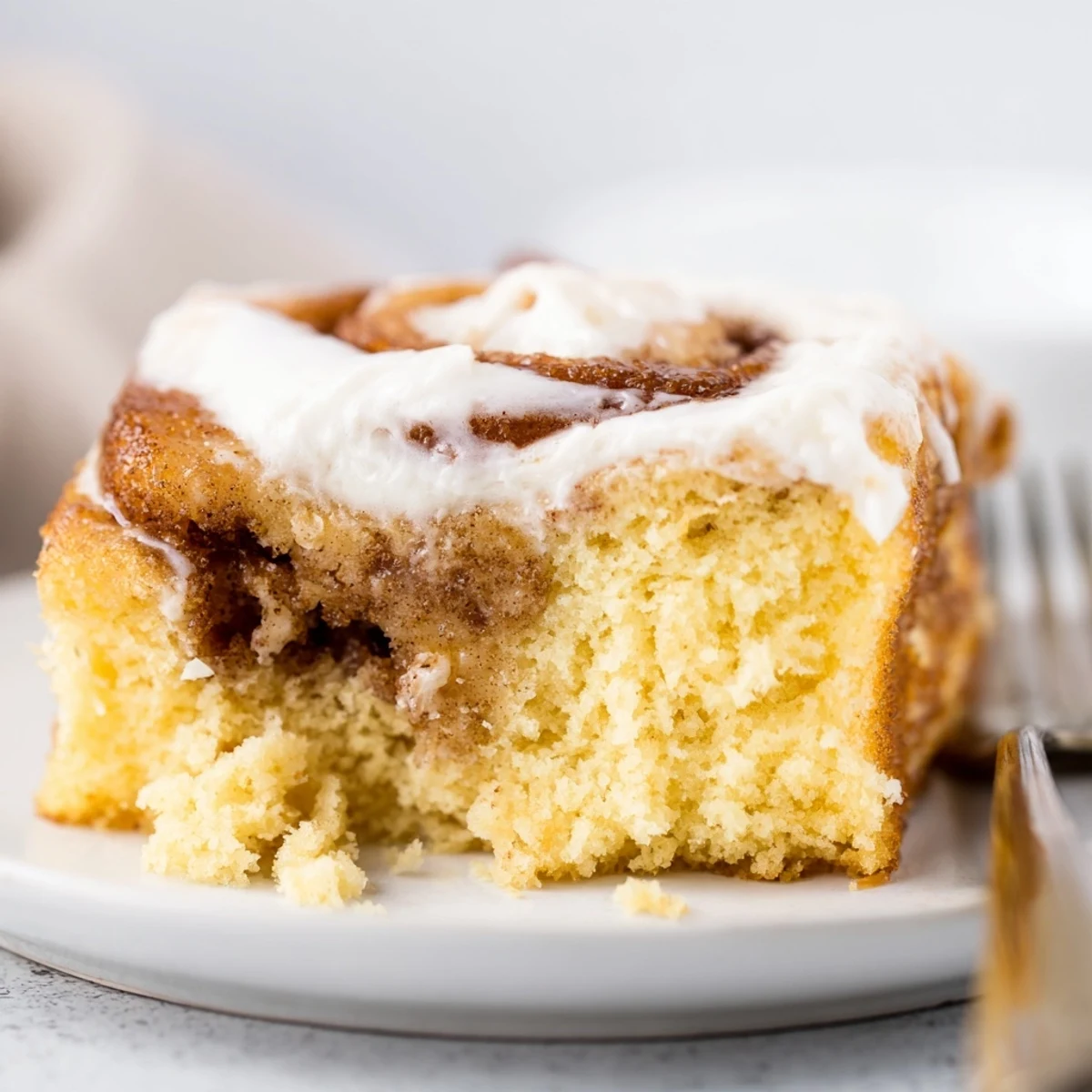 Slice of Cinnamon Roll Poke Cake steaming, topped with chopped toasted pecans
