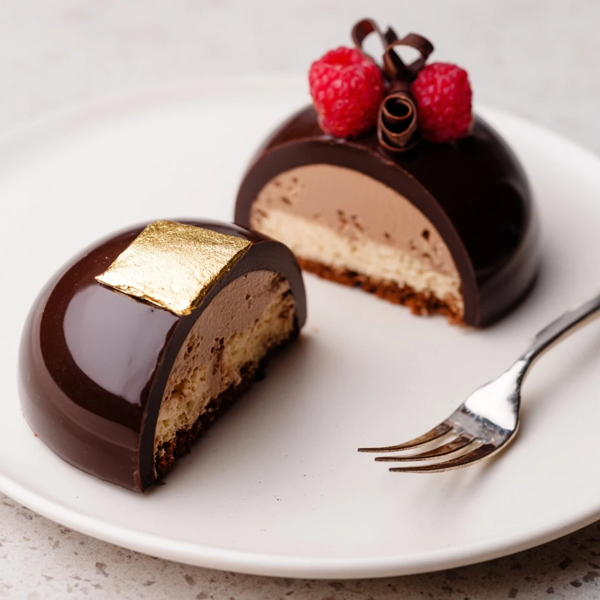 Elegant Chocolate Mascarpone Dome Dessert With Glossy Shells, silky mousse visible under glaze