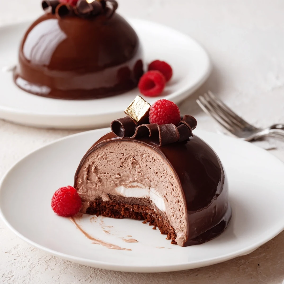 Chilled Elegant Chocolate Mascarpone Dome Dessert With Glossy Shells, rich cocoa aroma and shimmer