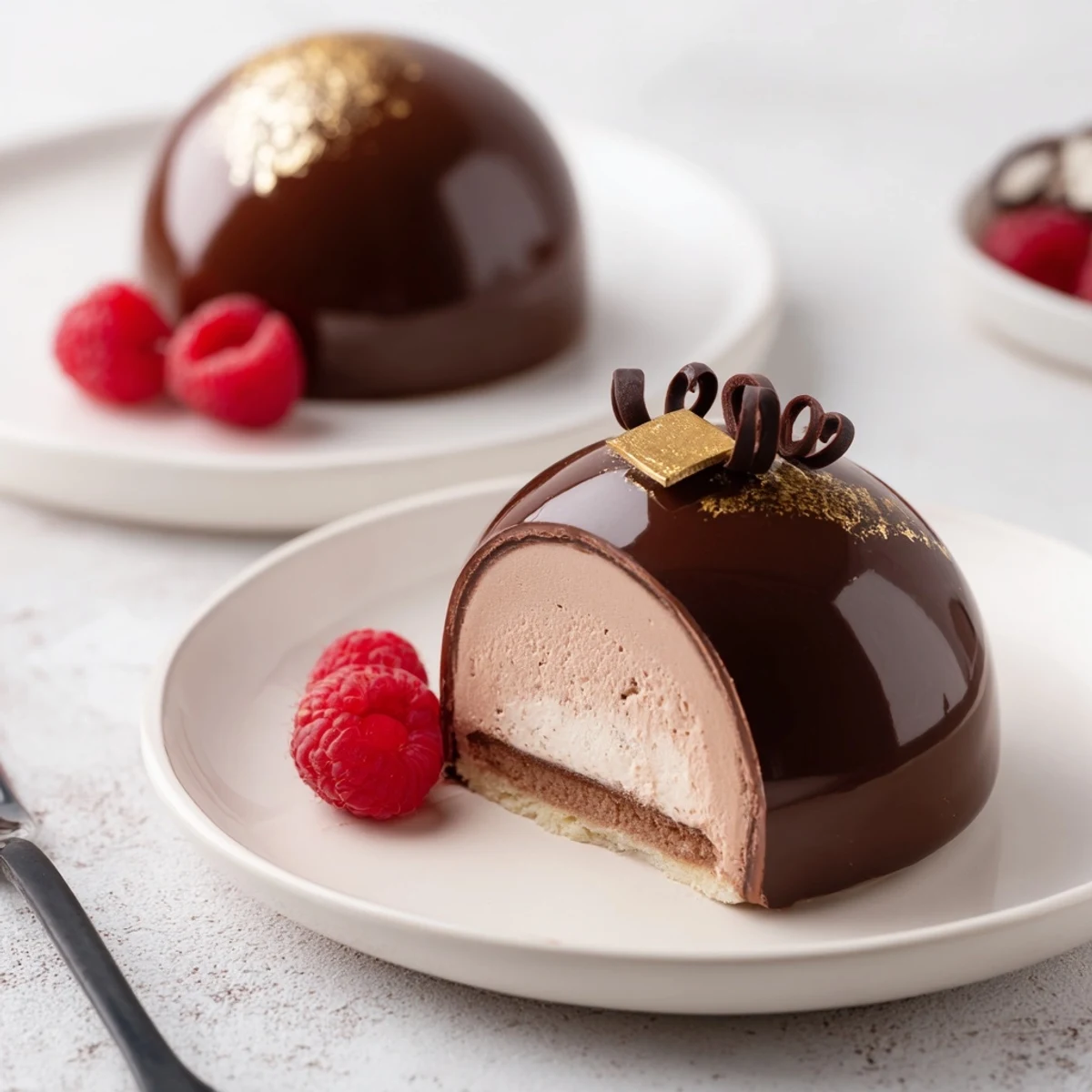 A slice of Elegant Chocolate Mascarpone Dome Dessert With Glossy Shells, garnished with berries