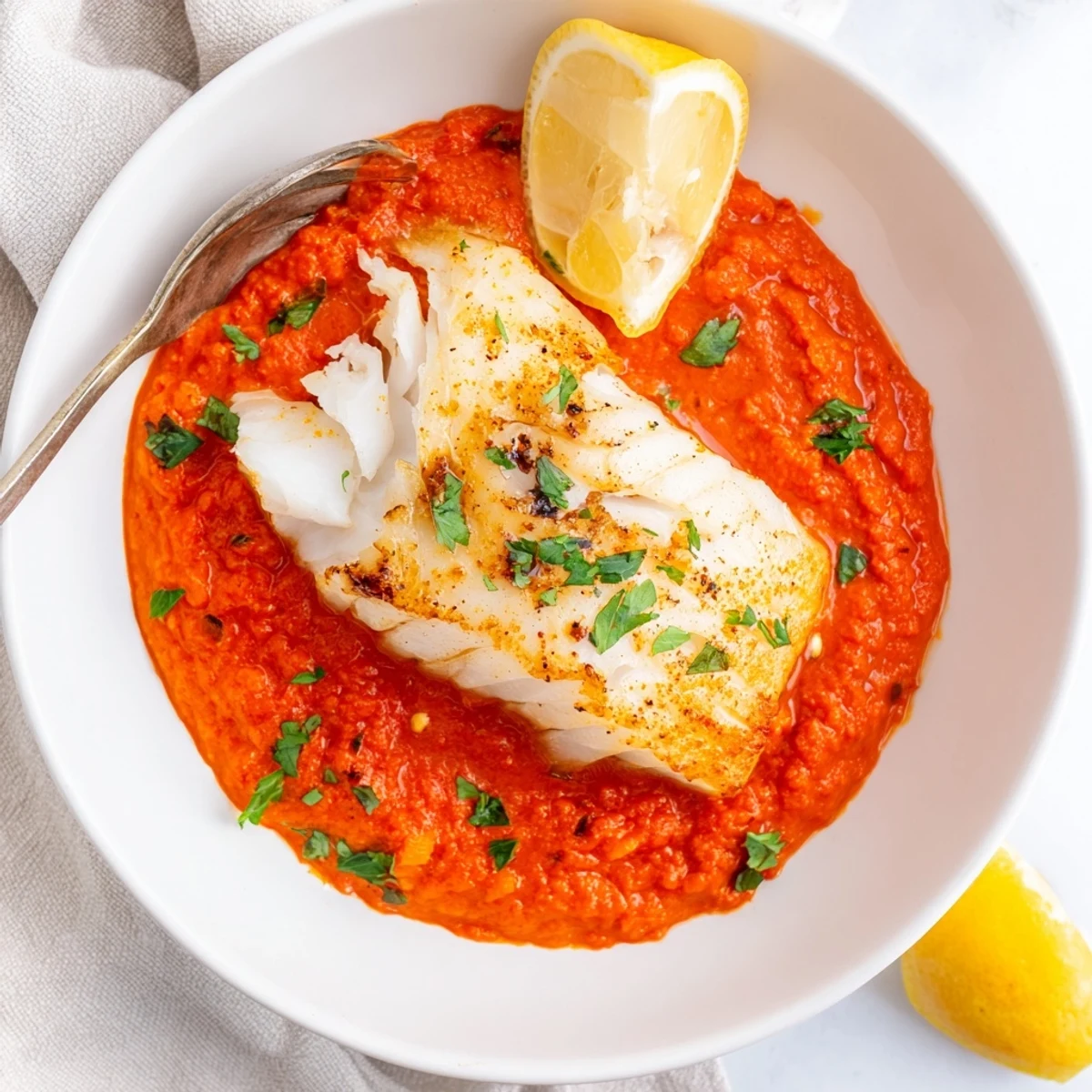 Cod In Roasted Red Pepper Sauce on plate, saucy, bright Mediterranean flavors.  