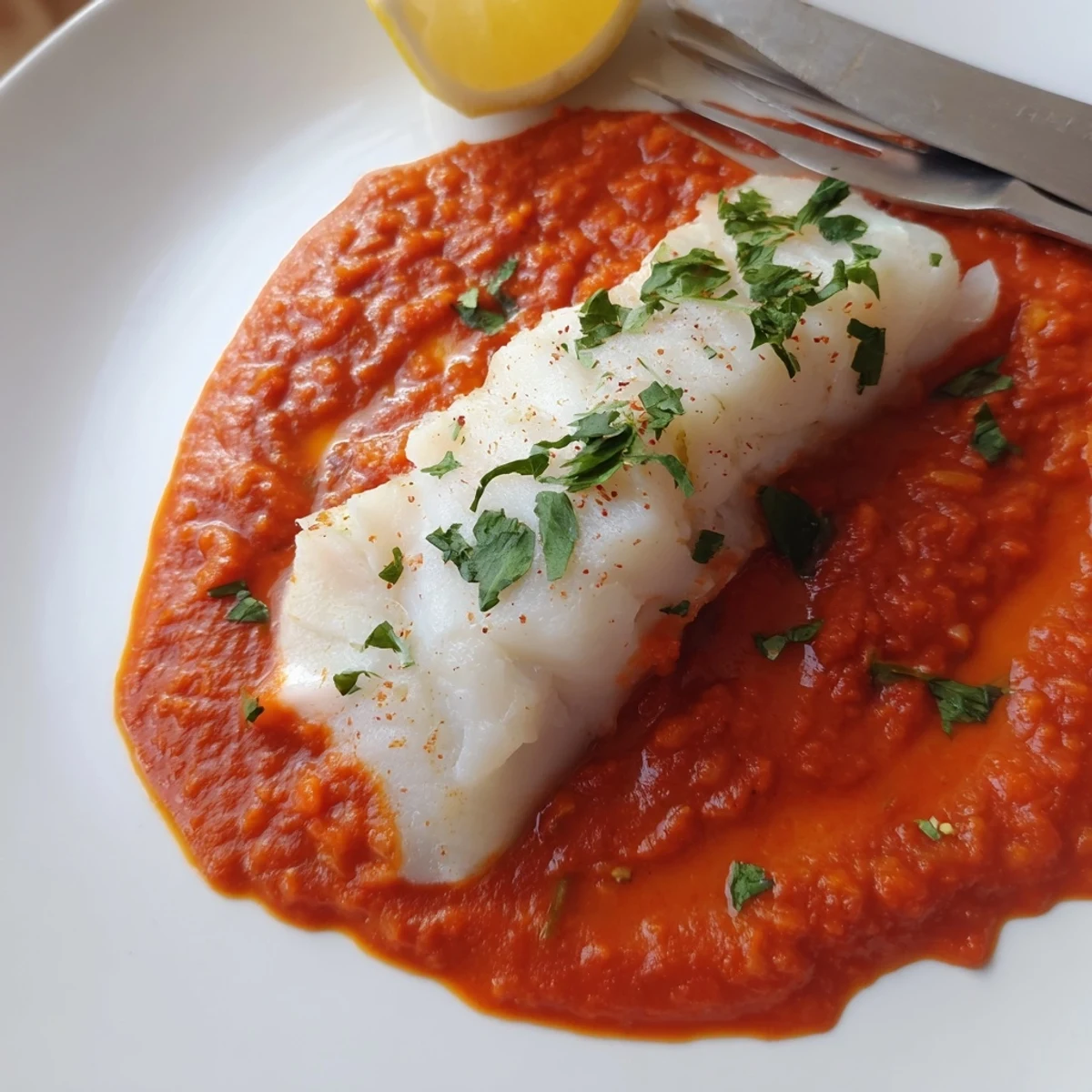 Lemon-bright Cod In Roasted Red Pepper Sauce served with crusty bread.
