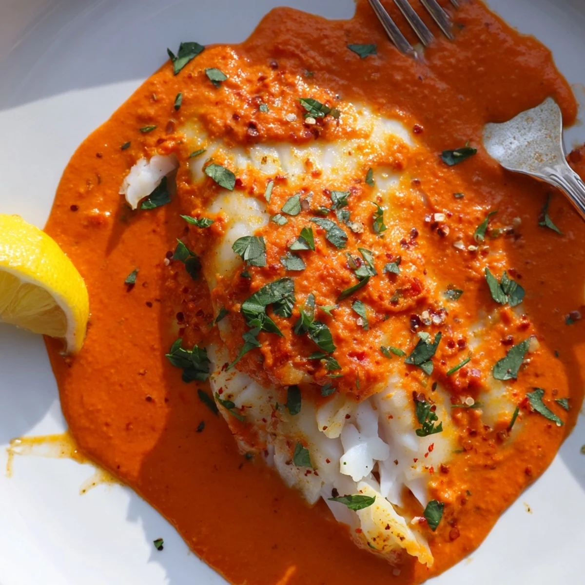 Pan-poached Cod In Roasted Red Pepper Sauce, flaky fillets with lemon wedges.  