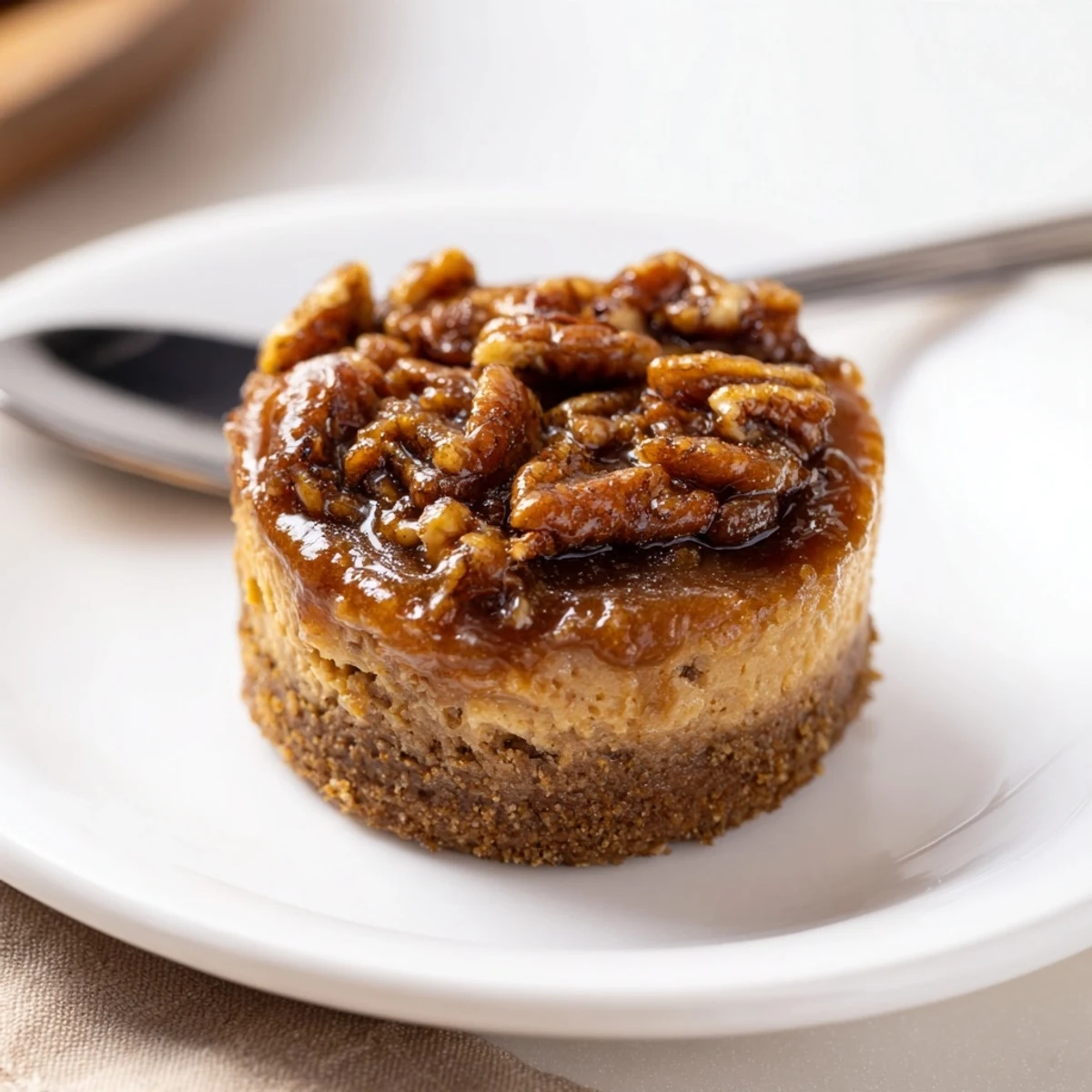 Mini Pecan Pie Cheesecakes topped with glossy pecans, buttery crust, chilled.